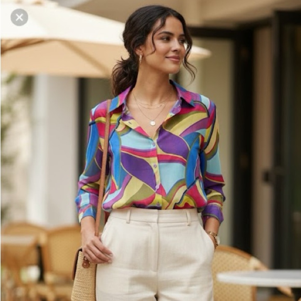 Connie howard Geo Print Pocket Front Shirt button down sheer long sleeve top